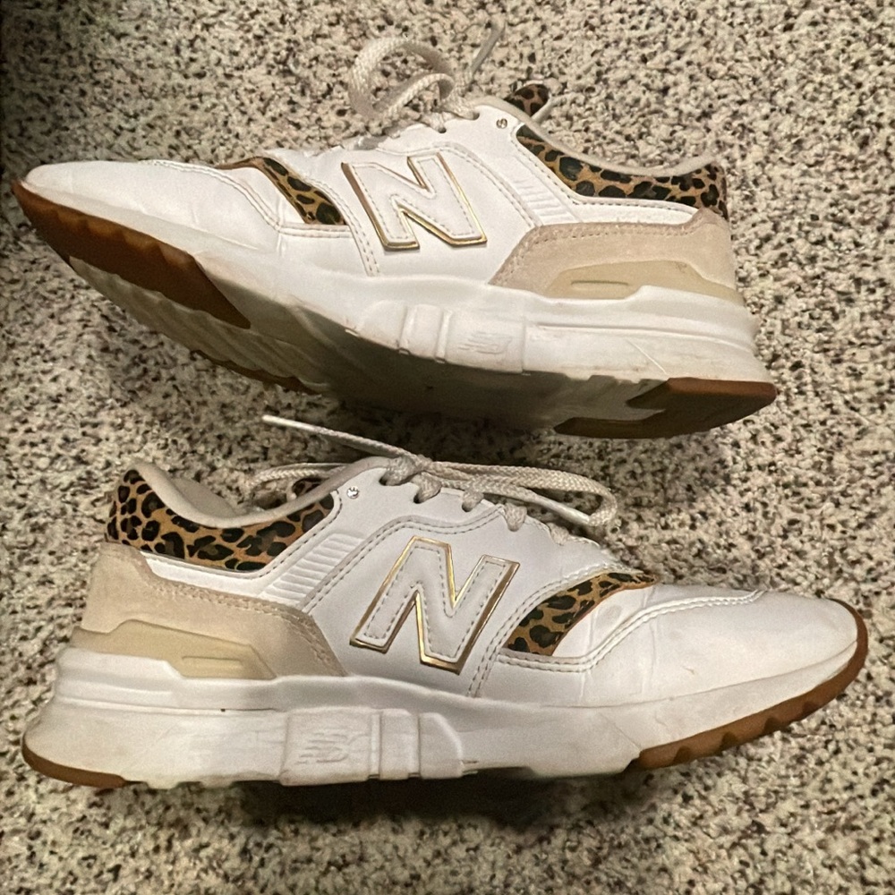 New Balance White and Animal Print Sneakers